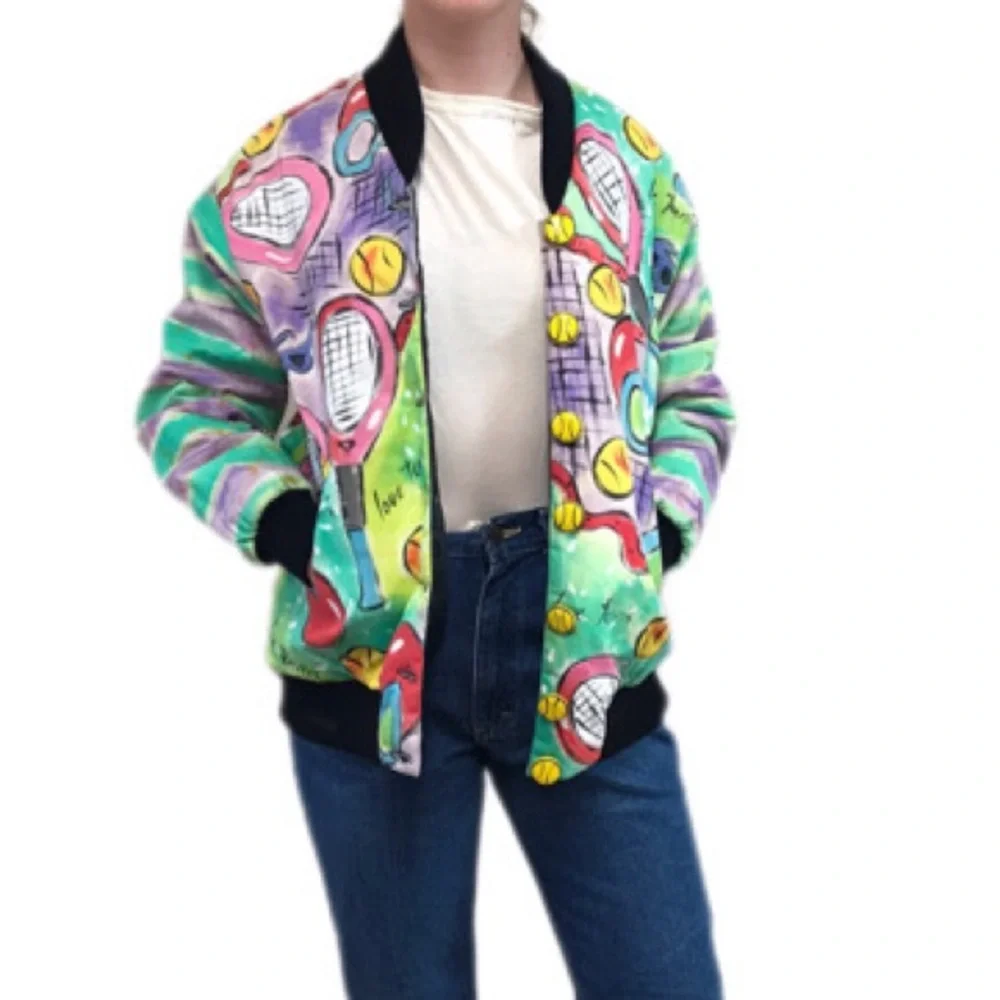VINTAGE Hand Painted Bomber Jacket Tennis Wearable Art Artsy 80s 90s Size Small - Picture 1 of 15